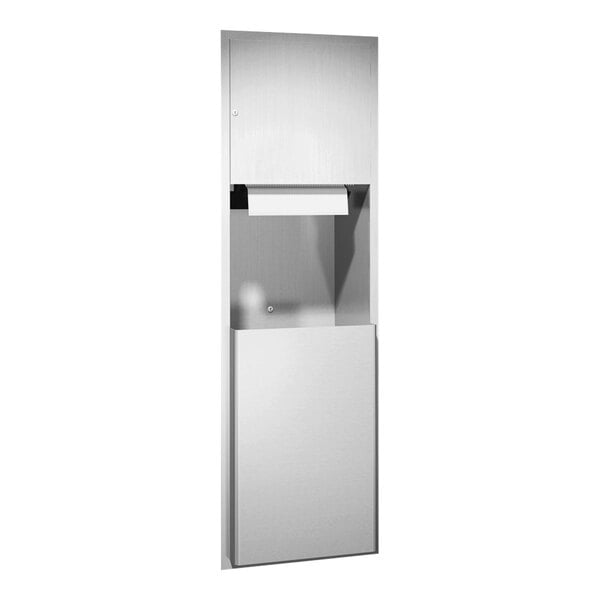 A white rectangular American Specialties, Inc. recessed paper towel dispenser with a roll of paper towels inside.