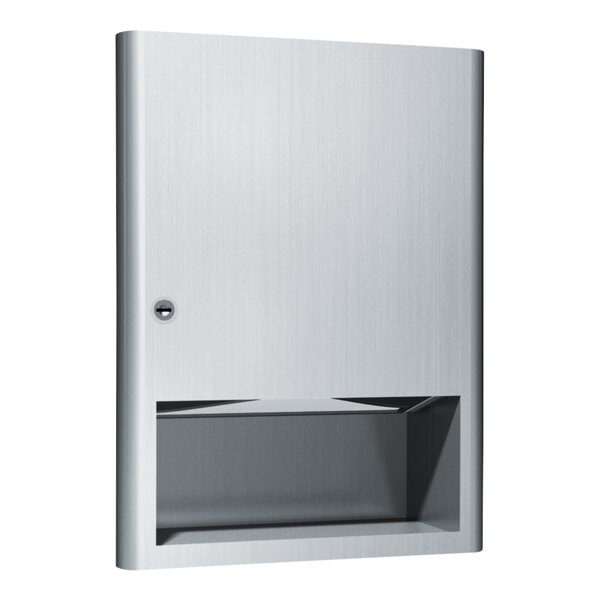 An American Specialties, Inc. stainless steel recessed paper towel dispenser with a silver door.