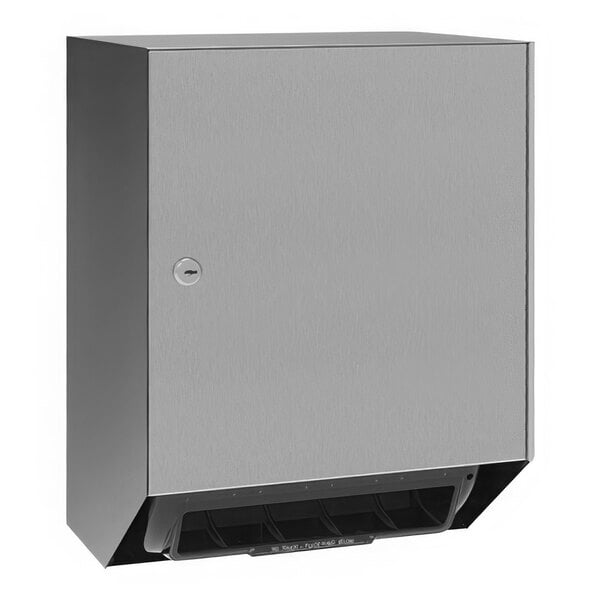 An American Specialties, Inc. stainless steel surface-mounted automatic roll paper towel dispenser with a door open.