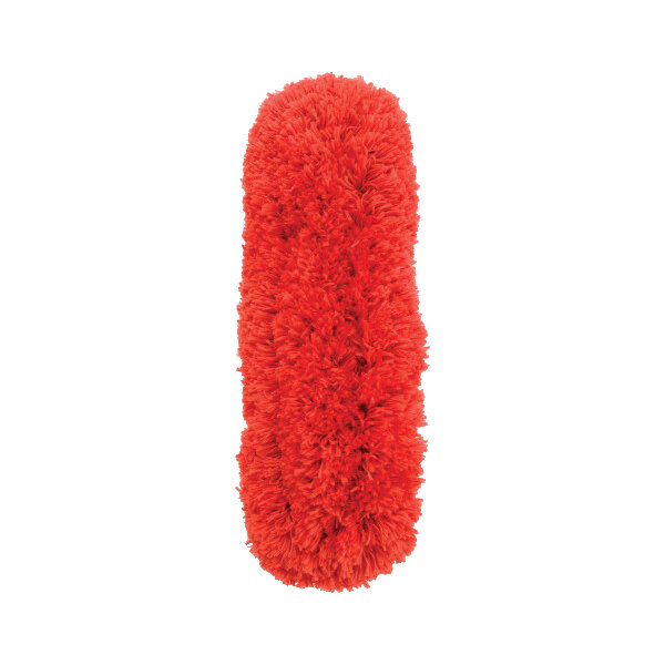 A red fluffy OXO Good Grips Microfiber Duster refill.