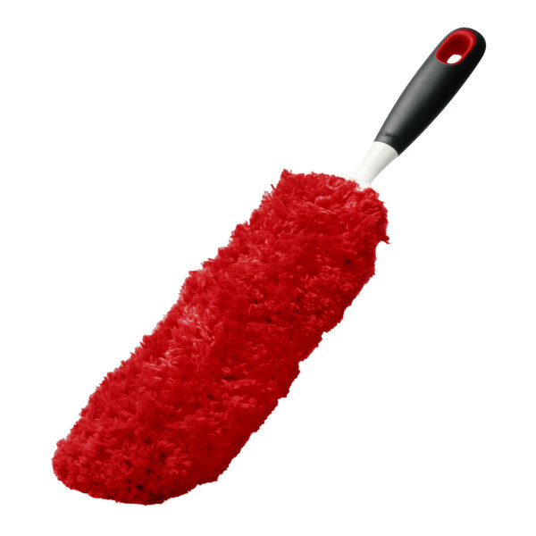 A red microfiber duster refill with a black and white handle, compatible with OXO Good Grips models 1334580 and 1335180.