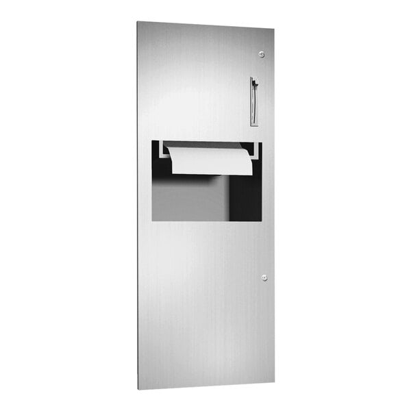 A stainless steel American Specialties, Inc. recessed roll paper towel dispenser with a lever and waste receptacle.