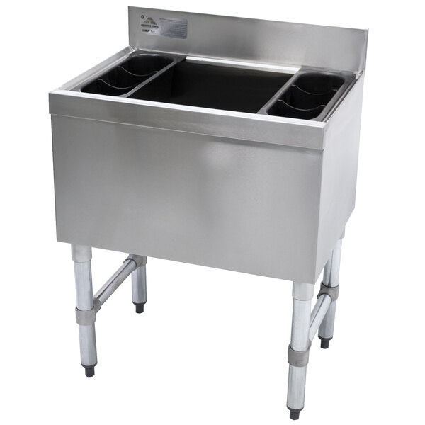 An Advance Tabco stainless steel underbar ice bin with a 10-circuit cold plate on a counter.