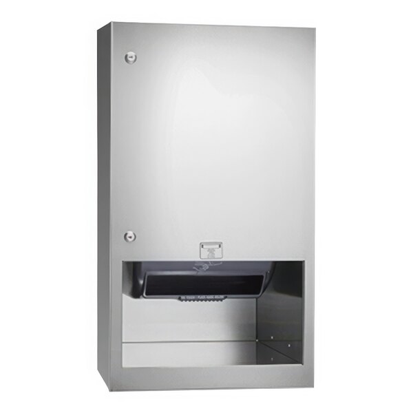 An American Specialties, Inc. stainless steel surface-mounted automatic paper towel dispenser.