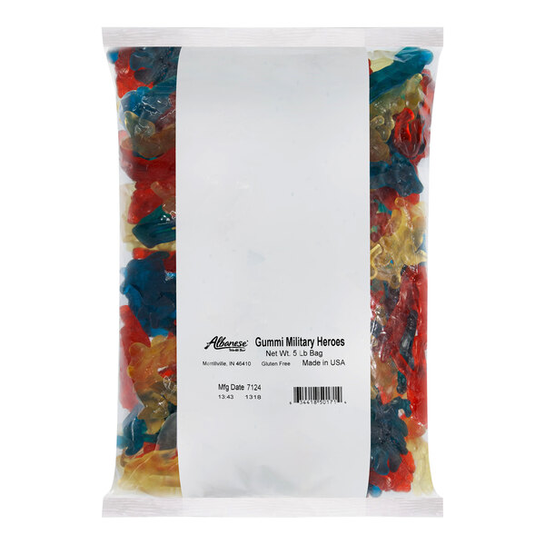 A white Albanese package of colorful gummy candy shaped like military heroes.