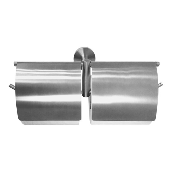 A satin stainless steel double roll toilet paper holder with hoods.