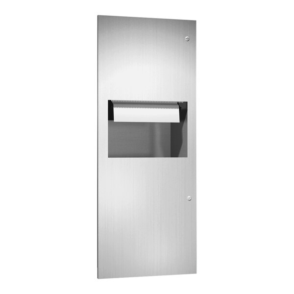 A stainless steel American Specialties, Inc. paper towel dispenser with a window.