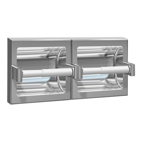 A satin stainless steel American Specialties, Inc. surface-mounted double roll toilet paper holder with two doors.