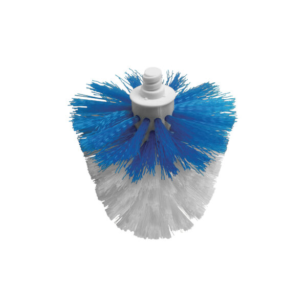 A close-up of a blue and white OXO Good Grips toilet bowl brush head.