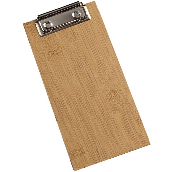 An American Metalcraft bamboo wood clipboard menu holder with a metal clip.