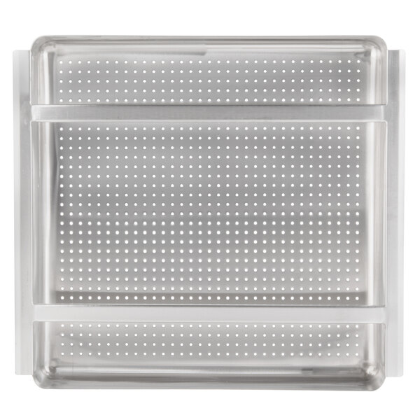A stainless steel tray with holes in it.