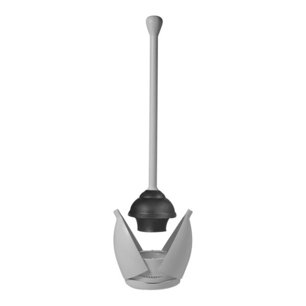 An OXO Good Grips gray toilet plunger with a white caddy.