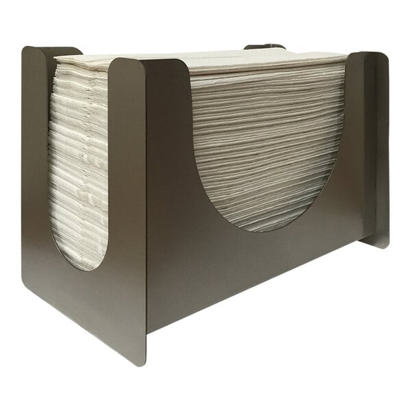 A stack of folded napkins in an American Specialties, Inc. countertop napkin holder.