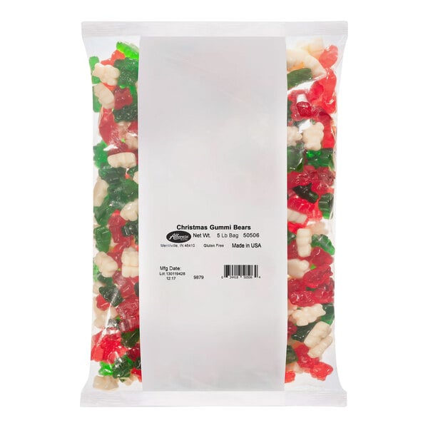 A bag of Albanese Christmas Gummi Bears with red, green, and white candies.