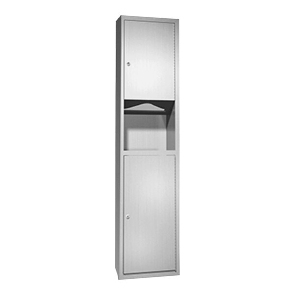 A white metal American Specialties, Inc. paper towel dispenser and waste receptacle with two doors.