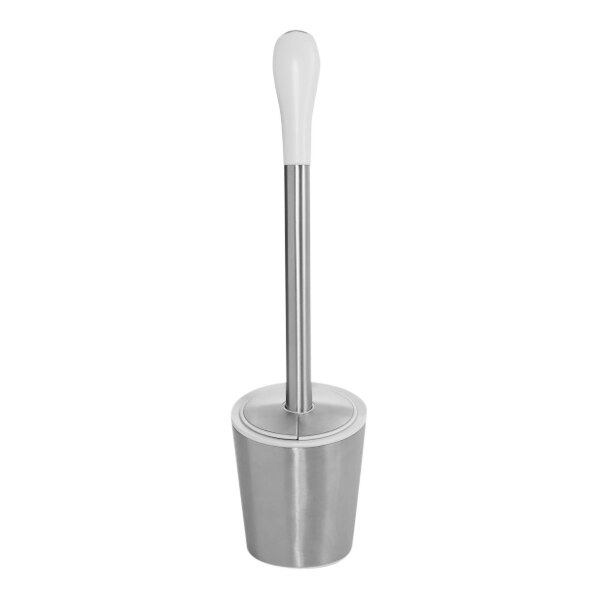 An OXO stainless steel toilet brush with a white handle in a silver container.