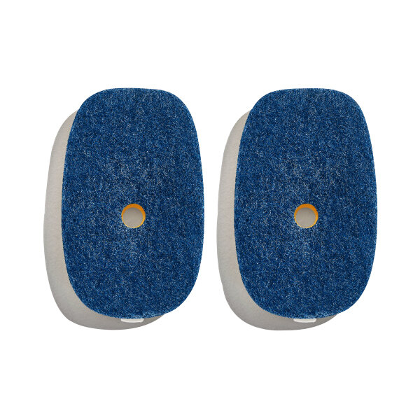 Two blue and white abrasive pads with holes.