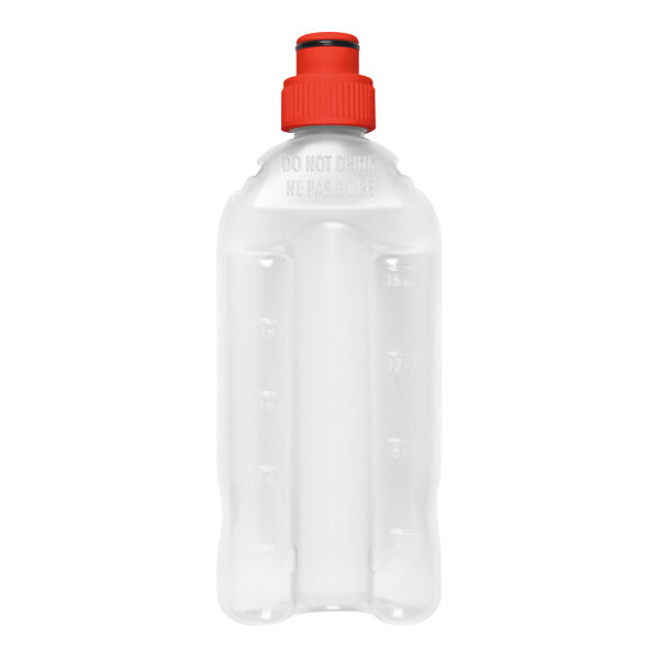 A clear plastic bottle with a red cap.