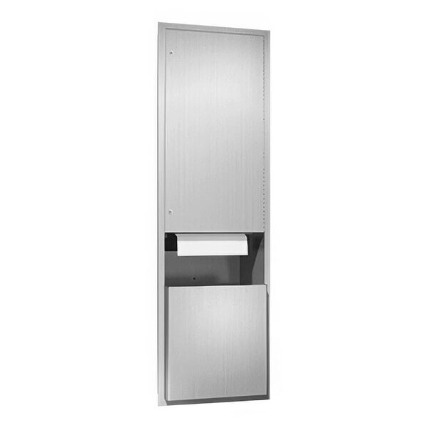 An American Specialties, Inc. stainless steel recessed paper towel dispenser with a rectangular white cabinet.