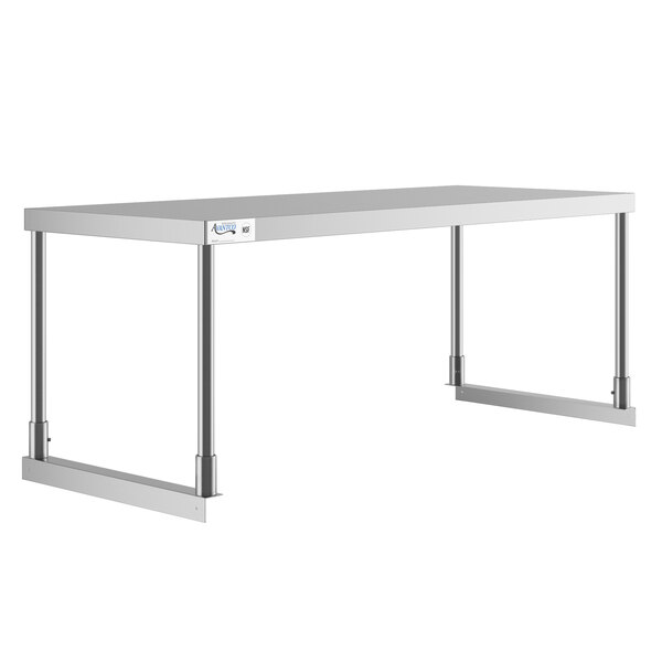 A stainless steel Avantco single deck overshelf on a metal table.