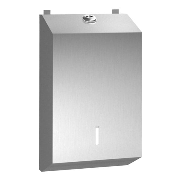 An American Specialties, Inc. stainless steel surface-mounted toilet tissue dispenser.