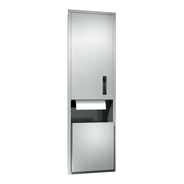 A white rectangular cabinet with a recessed paper towel dispenser and a silver lever-operated door.