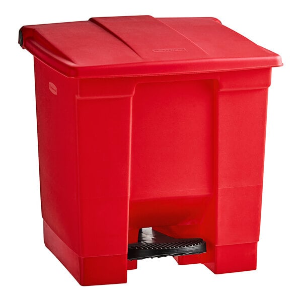 A red Rubbermaid rectangular step-on trash can with a lid