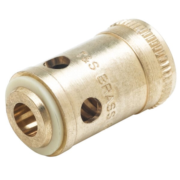 A brass threaded insert for a T&S faucet handle.