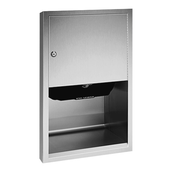 A silver metal American Specialties, Inc. semi-recessed paper towel dispenser with a door open.