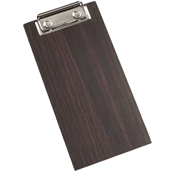 An American Metalcraft espresso wood clipboard menu holder with a metal clip.