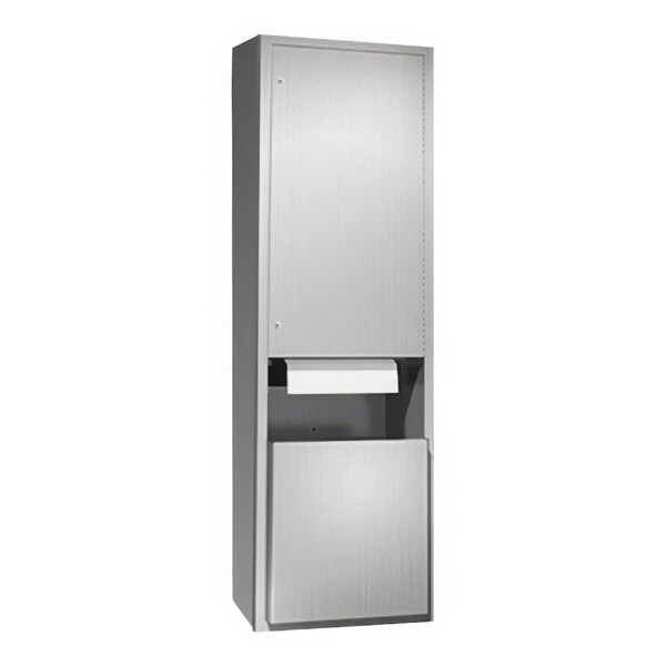 A white metal cabinet with a American Specialties, Inc. paper towel dispenser and waste receptacle.