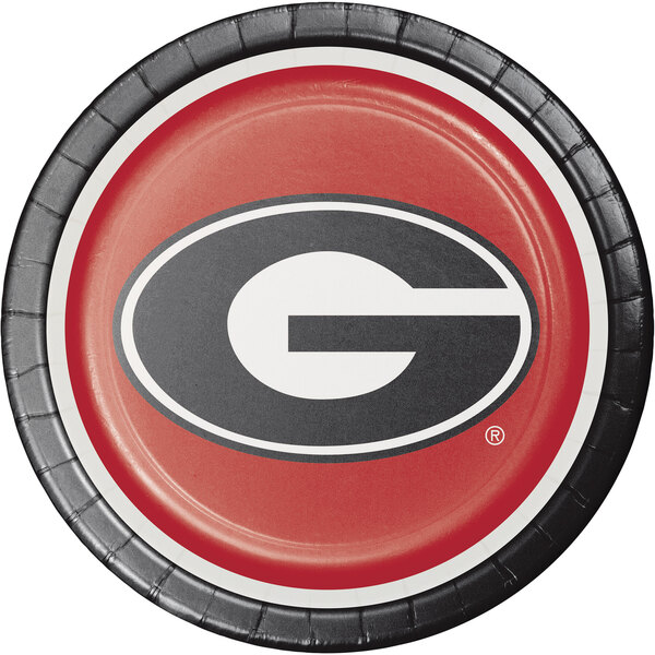 A red and black Creative Converting University of Georgia paper plate with a white letter "G" in the center.