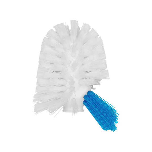 A white OXO Good Grips toilet bowl brush head with blue bristles.