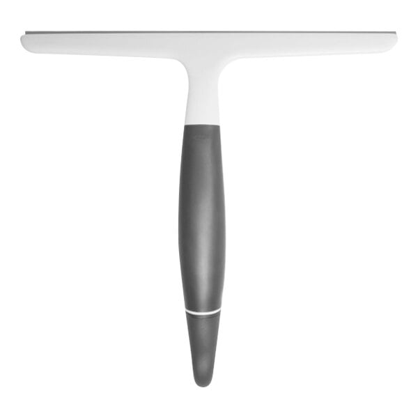 An OXO Good Grips squeegee with a black handle.