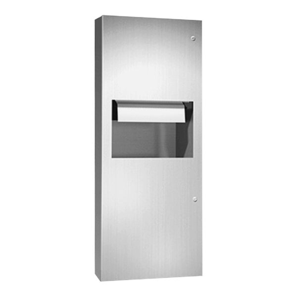 A stainless steel American Specialties, Inc. semi-recessed paper towel dispenser with a windowed white door containing a roll of paper.
