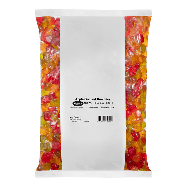A close up of a bag of Albanese Apple Orchard Gummi candies with a white label.