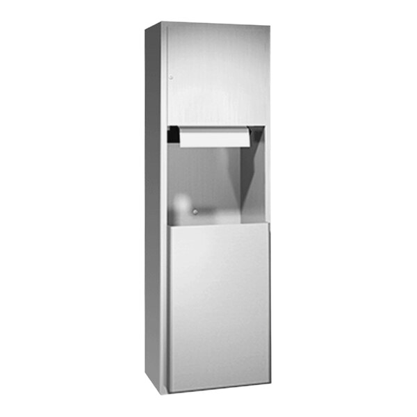 A stainless steel American Specialties, Inc. surface-mounted battery-operated roll paper towel dispenser with a white cover.