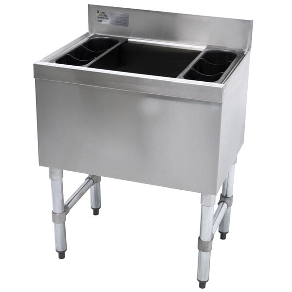 A stainless steel Advance Tabco underbar ice bin with a 10-circuit cold plate on a counter.