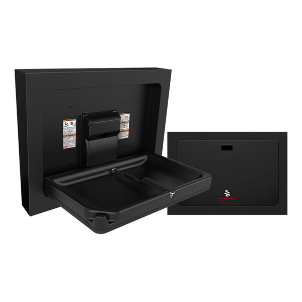 A matte black stainless steel recessed horizontal baby changing station with a fold-down design.