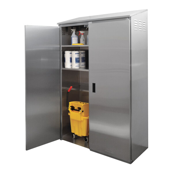 A stainless steel Advance Tabco mop sink cabinet with a double width mop sink and a right mop sink.