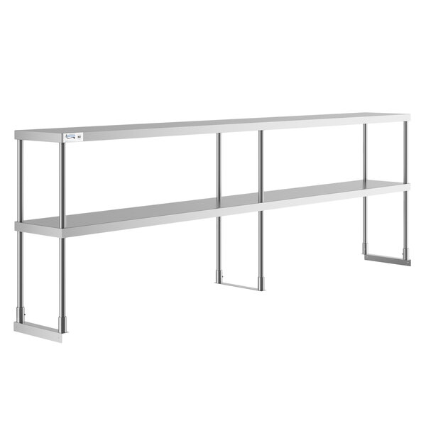 A stainless steel Avantco double deck overshelf with metal legs on a counter.