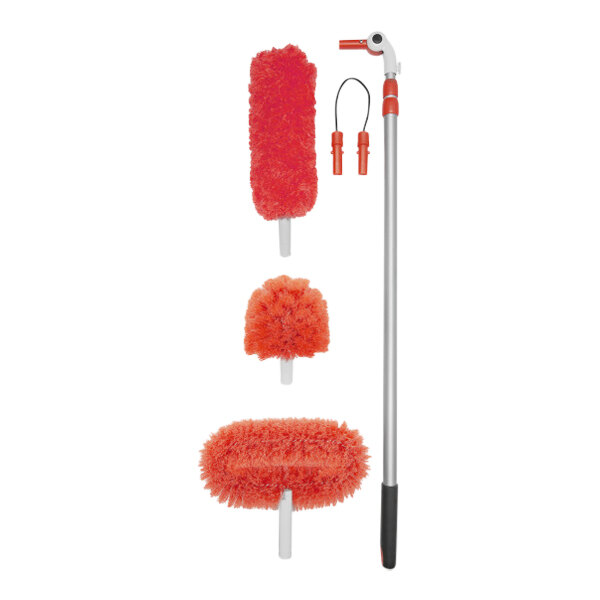 An OXO Good Grips dusting kit with orange and white cleaning tools.