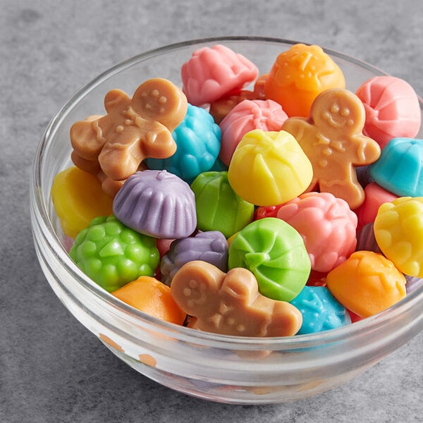 A bowl of Albanese Jolly Gingerbread gummy candies.