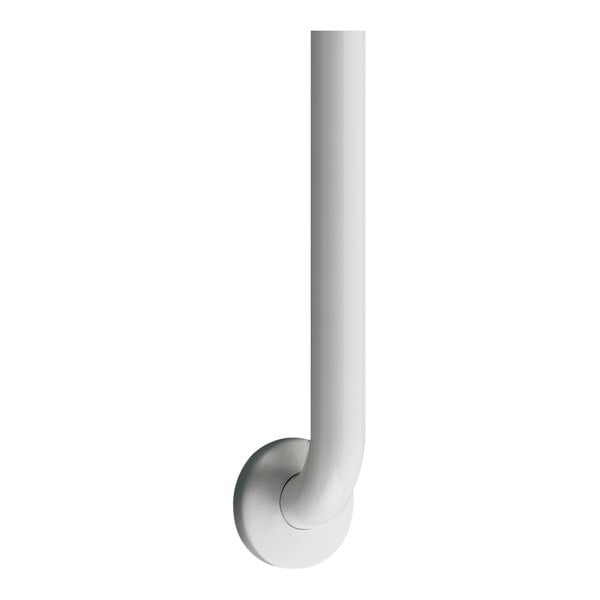 A white powder-coated American Specialties, Inc. grab bar with round tubing on a white wall.