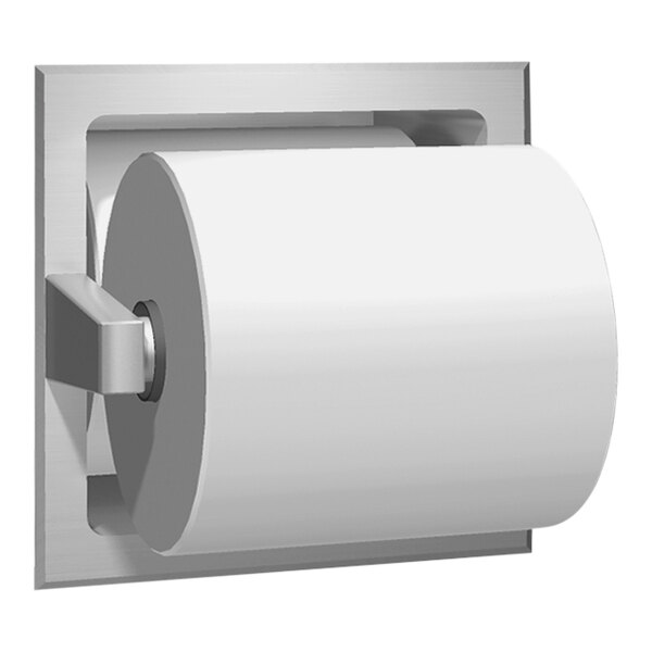 A roll of toilet paper on a stainless steel recessed holder with spare roll.