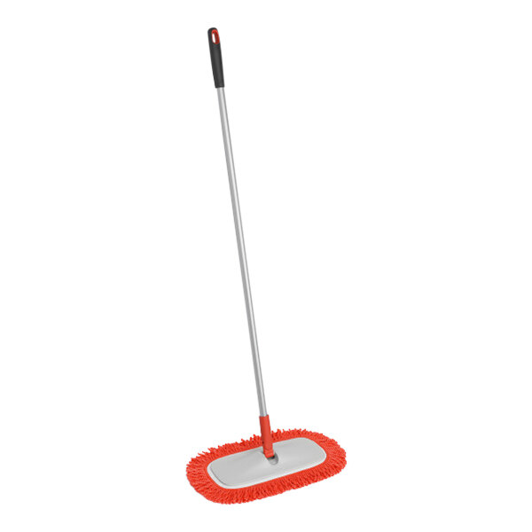 An OXO Good Grips microfiber floor duster with a red handle.