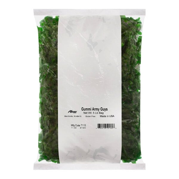 A white plastic bag of green Albanese Gummi Army Guys with a white label.