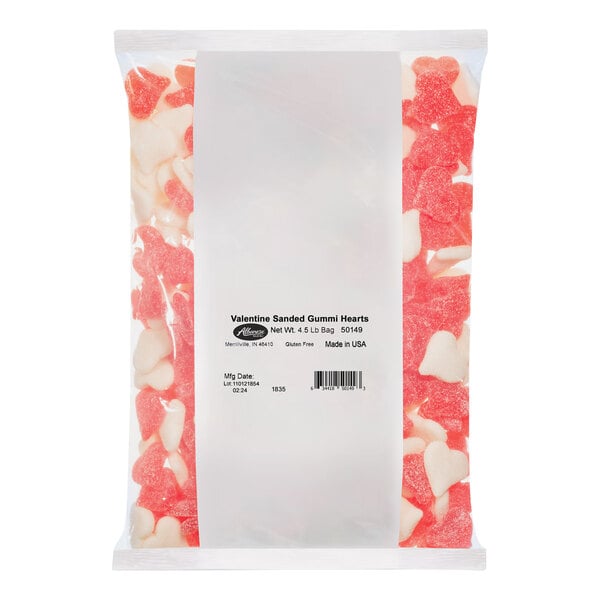 A package of Albanese Sour Gummi Hearts with pink and white candy hearts on the front.