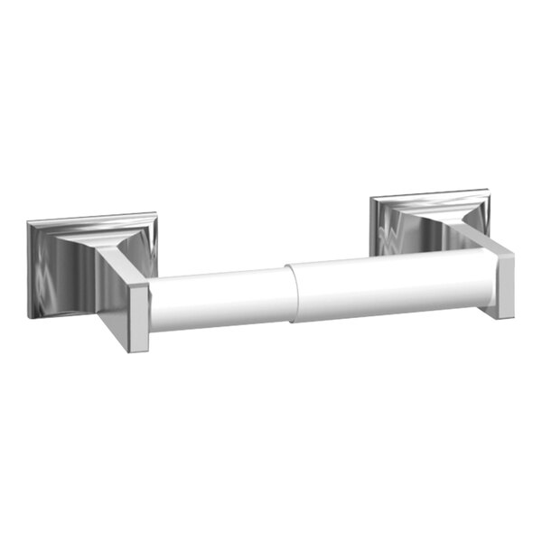 An American Specialties, Inc. Zamac surface-mounted single roll toilet tissue holder with a silver finish.