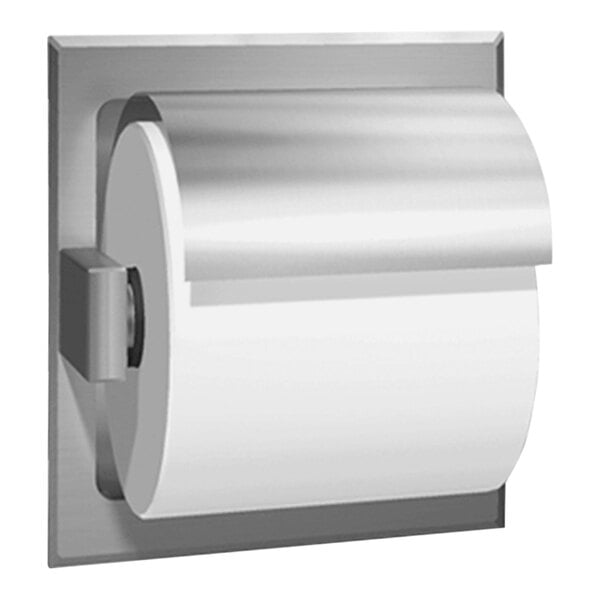 A close-up of an American Specialties, Inc. stainless steel recessed toilet paper holder with a roll of toilet paper in it.